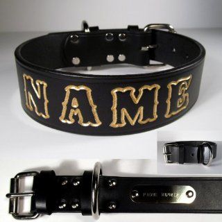 Personalized 1  inch wide Black English Bridle Leather Dog Collar. Your Pet's Name is embossed into the leather at no additional charge. Lettering can be outlined in your choice of 17 different colors at no additional charge. This Collar includes a co