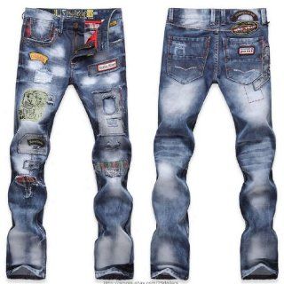 Mnner Jeans Mode Herren Jeans Zerrissen Gepatcht Lchrigen Gewaschen Worte geradem Bein Einbau Hosen (33): Sport & Freizeit