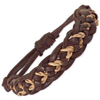 Pack of 2 Dark Brown Leather & Rope Braided Leather Adj. Bracelet: Jewelry