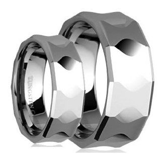 Tungsten Carbide His (8mm) & Hers (6mm) Faceted Shiny Polished Wedding Ring Band Set (4) Jewelry