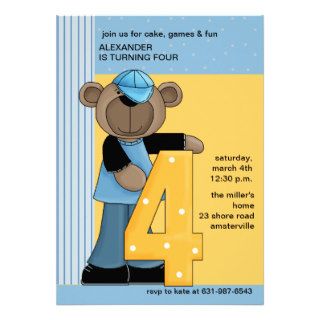 Boy Teddy 4 Year Old   Birthday Party  Invitation