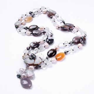 Qiyun Women's Elegant Looking Pearl Jade Bead Crystal Beaded 2 Row Strands Pendant Bib Necklace: Jewelry