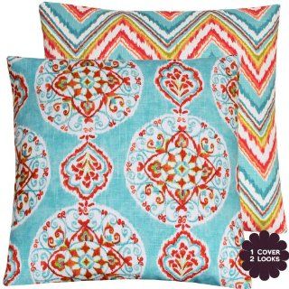 Kaleidoscope Collection   12x20" Lumbar Designer Decorative Toss Pillow Cover   Geometric Medallion and Chevron   Turquoise Blue, Red, Orange, Peach and Kiwi Green Hues   Two Splendid Looks in One Pillow Cover!   Throw Pillow Covers