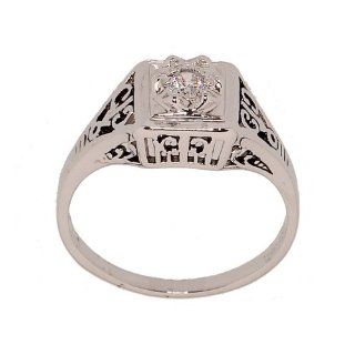 Rhodium Plated Dainty Cubic Zirconia Ring in Antique Style Setting that Looks Totally Real: Jewelry