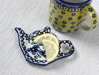 hand decorated tea bag or lemon plate by blue dot pottery