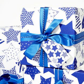 recycled blue star white wrapping paper by sophia victoria joy