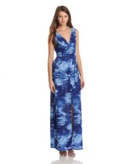 BCBGMAXAZRIA Women's Mae Maxi Dress With Front And Back V Neck, Blue Combo, X Small