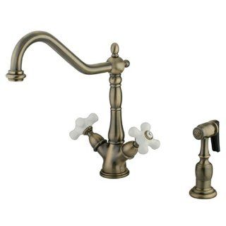 Heritage Deck Mount Double Handle Single Hole Kitchen Faucet with Porcelain Cross Handles Finish Satin Nickel   Touch On Kitchen Sink Faucets  