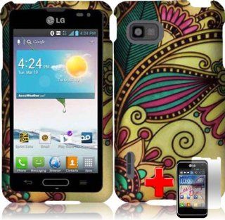 LG Optimus F3/LS720 (Sprint) 2 Piece Snap On Rubberized Hard Plastic Image Case Cover, Green/Pink Antique Flower Gold Cover + LCD Clear Screen Saver Protector: Cell Phones & Accessories