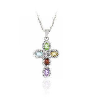 Sterling Silver Multi Gemstone & Diamond Accent Cross Pendant: Jewelry