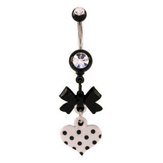 Stainless Steel   Black Acrylic Bow With Dangling Black & White Heart Belly Ring   14g 3/8" Length   Sold Individually Jewelry