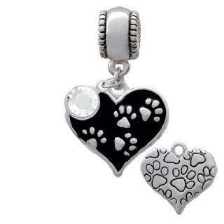 Black Enamel Heart with Silver Paw Prints Charm Bead with Clear Crystal Dangle Delight Jewelry