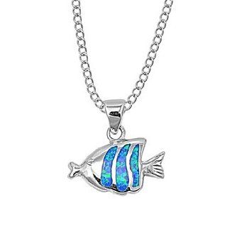 Sterling Silver Flounder Fish Blue Lab Opal Pendant Necklace: Jewelry