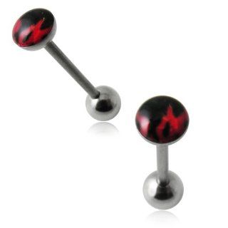 Flat Top Red " FLAME " Logo with 14Gx5/8(1.6x16mm) 316L Surgical Steel Barbell with 6mm Ball Tongue Piericng jewelry. Price per 1 Piece only.: Body Piercing Barbells: Jewelry