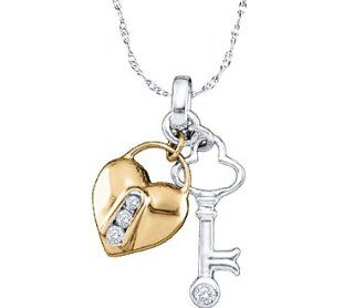 Heart Lock and Key Diamond Pendant 10k Yellow White Gold Charm Jewel Tie Jewelry