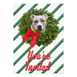 PitBull Xmas Wreath Green Stripes You're Invited Custom Announcements