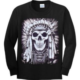 YOUTH LONG SLEEVE T SHIRT : BLACK   MEDIUM   Indian Skull   Native American Goth Punk Emo: Clothing