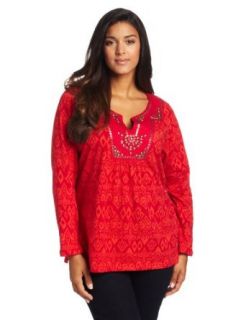 Jones New York Women's Plus Size Long Sleeve Tunic with Beads and Emblem, Lava/Crimson Red, 1X