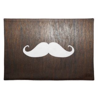 Funny White Mustache on oak wood background Place Mats