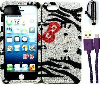 USA SELLER iphone 5 and 5s Zebra protector case Rhinestones Bling Diamante Hello Kitty hard cover +HOT PURPLE braided 3ft sync charging cable+stylus touch screen pen 1.7"+sparkle home button: Cell Phones & Accessories
