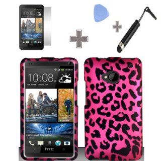 Rubberized Pink Black Leopard Snap on Design Case Hard Case Skin Cover Faceplate with Screen Protector, Case Opener and Stylus Pen for HTC One / M7   AT&T/T Mobile/Sprint: Cell Phones & Accessories