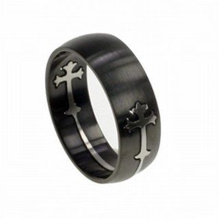Black Stainless Steel Men's Ring with Silver Christian Cross   Stainless Steel Men's Cross Ring: Right Hand Rings: Jewelry