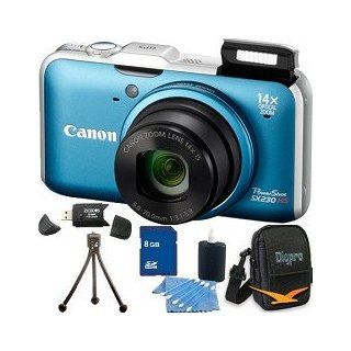 Canon Powershot SX230 HS Digital Camera (Blue) 12.1MP CMOS Sensor, 14x 28 392mm Super Telephoto Zoom Lens, Built In GPS, 3" High Resolution LCD Monitor. Kit Includes 8 GB Memory Card, Card Reader, Carrying Case, Mini Tripod, and More. : Digital Slr Ca