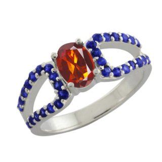 1.34 Ct Oval Orange Red Madeira Citrine Blue Sapphire 14K White Gold Ring: Jewelry