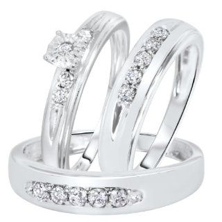 1/2 CT. T.W. Round Cut Diamond Women's Engagement Ring, Ladies Wedding Band, Men's Wedding Band Matching Set 10K White Gold   Free Gift Box: MyTrioRings: Jewelry