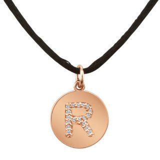 14k Rose Gold Letter "R" Diamond Alphabet Disc Pendant on Silk Cord: Jewelry