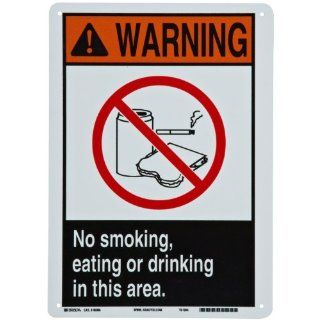 Brady 45096 14" Height, 10" Width, B 401 Plastic, Black, Orange And Red On White Color ANSI Z535 Safety Sign, Legend "Warning, No Smoking, Eating Or Drinking In This Area (With Picto)": Industrial Warning Signs: Industrial & Scienti