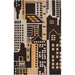 Hand tufted Brown New York Ave Novelty Cityscape Abstract Wool Rug (33 X 53)