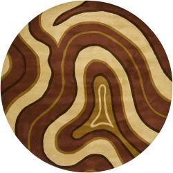 Hand tufted Mandara Brown/gold Geometric New Zealand Wool Area Rug (79 Round)