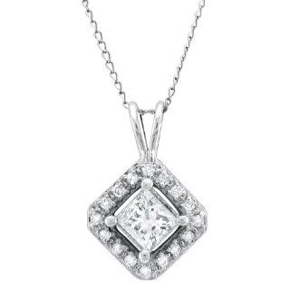 14k White Gold Princess cut & Round Diamond Halo Pendant (1/2 cttw, I J, I2 I3): Jewelry