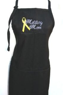 Black Embroidered Apron "Military Mom" with ribbon: Clothing