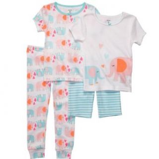 Carters Toddler Girls 4 Piece Pajama Set, Pink and Blue Elephants, 2T: Infant And Toddler Pajama Sets: Clothing