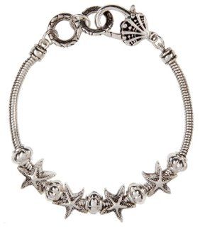 Rhodium Plated Stainless Steel Nautical Style Bracelet with Four Starfish in the Center  Shell Design On Lobster Claw Clasp Nautical Bracelets For Women Jewelry