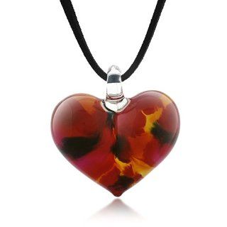 Hand Blown Venetian Murano Glass Wild Flower Red Yellow Black Heart Shaped Necklace 18'' 20'': Chuvora: Jewelry
