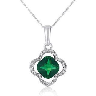 Cushion Cut Lab Created Emerald and White Sapphire Clover Frame Pendant Necklace in Sterling Silver: Jewelry