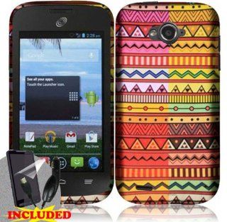 ZTE Savvy Z750c / ZTE Reef N810 (StraightTalk/Virgin Mobile) 2 Piece Snap On Rubberized Image Case Cover, Multicolor Geometric Aztec Design + SCREEN PROTECTOR & CAR CHARGER: Cell Phones & Accessories
