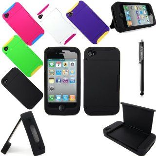 For Apple IPhone 4 4G 4S TopOnDeal TM Black and Black Hybrid ID and Credit Card Holder With Stand Hard and Soft Case Cover+Stylus Touch Pen (Black and Black): Cell Phones & Accessories