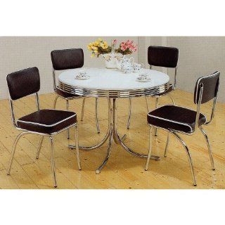 5pc White & Chrome Retro Round Table & Black Chairs Set Furniture & Decor