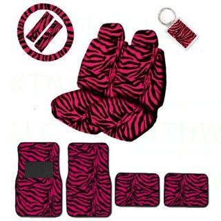 A Set of 2 Universal Fit Animal Print Low Back Bucket Seat Covers, Wheel Cover, 2 Shoulder Pads 4 Floor Mats, and 1 Key Fob   Zebra Hot Pink: Automotive