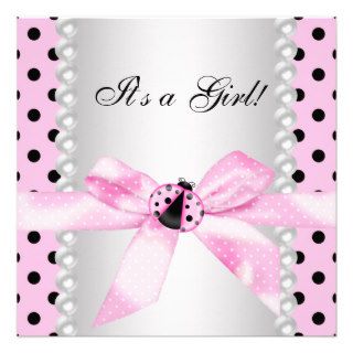 Pearls Black Pink Ladybug Baby Girl Shower Custom Announcements