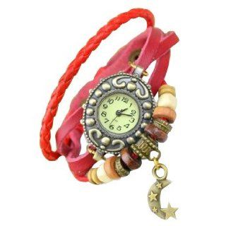 Red Color Women Ladies Crescent Pendant Weave Leather Belt Bracelet Watch: Watches