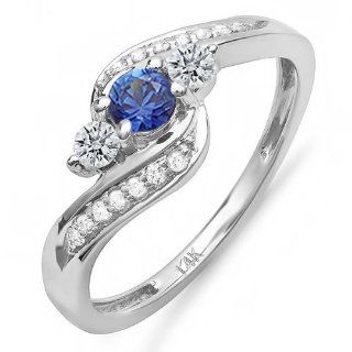0.75 Carat (ctw) 14k White Gold Round Blue Sapphire & White Diamond Swirl Engagement 3 Stone Ring 3/4 CT: Jewelry