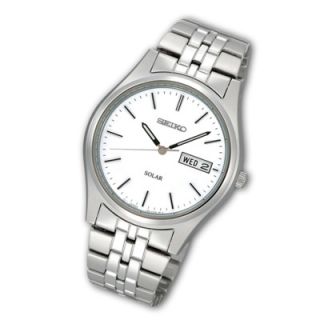Mens Seiko Solar Stainless Steel Watch with White Dial (Model: SNE031