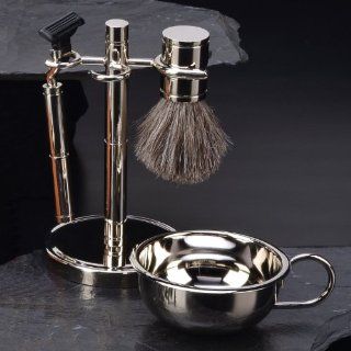 Four Piece Chrome Plated Shaving Shave Set Includes: "Mach 3" Razor and Badger Brush,Stand with Removable Bowl: Health & Personal Care
