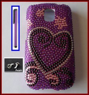LG Optimus T P509/LG Phoenix P505/ LG Thrive P506 Glossy Diamonds Bling Purple Heart Design Snap on Case Cover Front/Back + Purple Stylus Touch Screen Pen + One FREE Purple 3.5mm Bling Headset Dust Plug: Cell Phones & Accessories