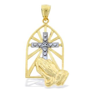 Diamond Accent Praying Hands Cross Necklace Charm in 10K Two Tone Gold